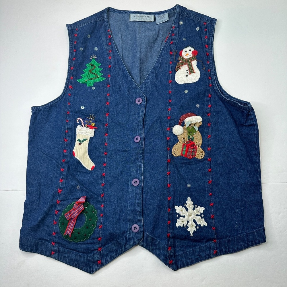 Vtg Lemon Grass Womens M Sleeveless Denim Vest Jacket Christmas Blue Cotton